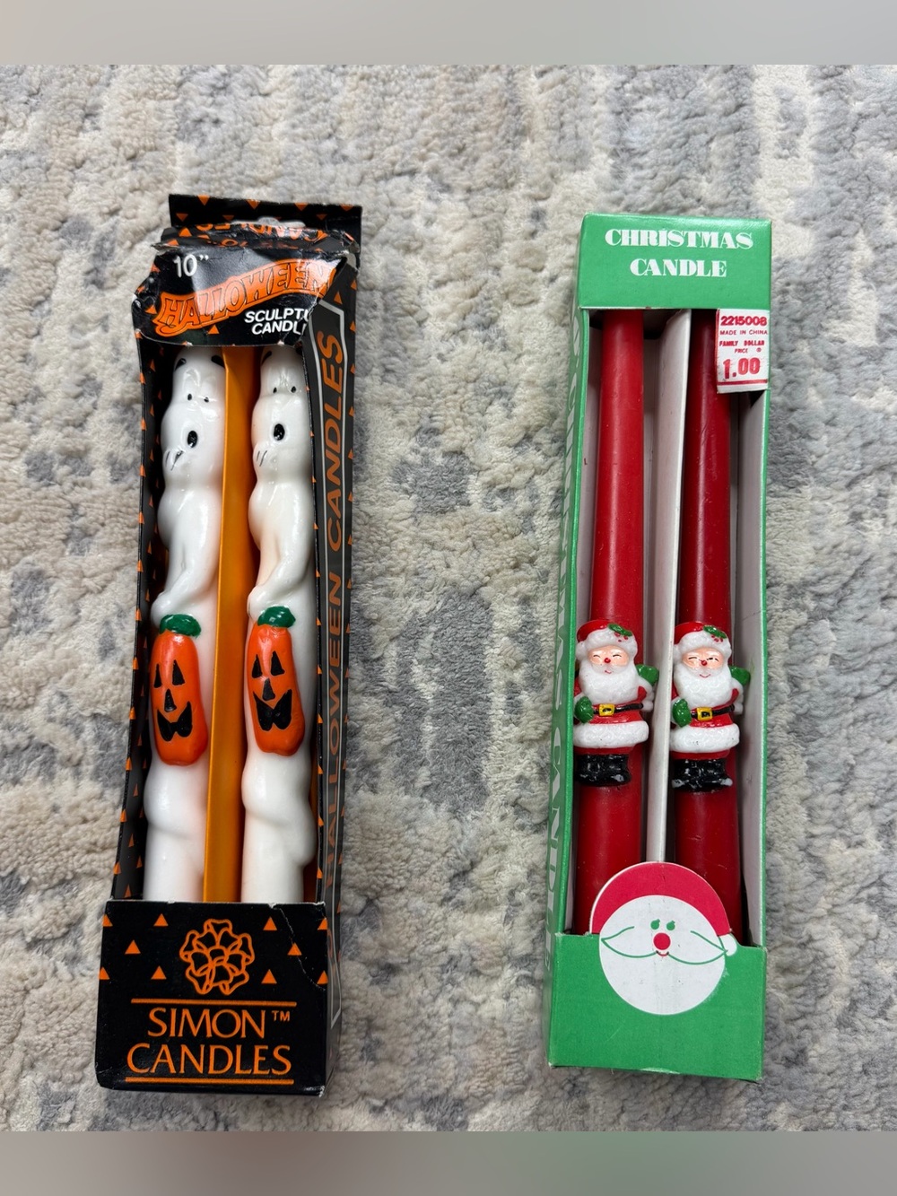 Vintage 10” Halloween & Christmas pillar molded candles set of 2 NEW